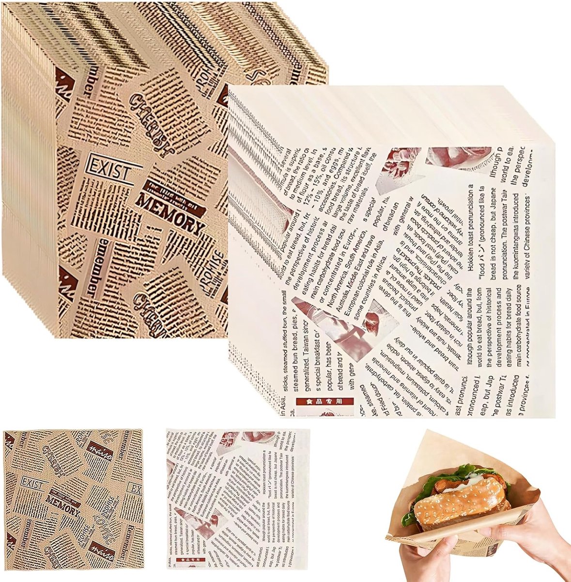 100 Stuks Hamburgerzakjes Sandwichzakjes Snackzakken 18x18 cm Vetdicht Voedselpapier Retro Print Recyclebare Papieren Zakjes voor Hamburgers Friet Snacks Streetfood Takeaway