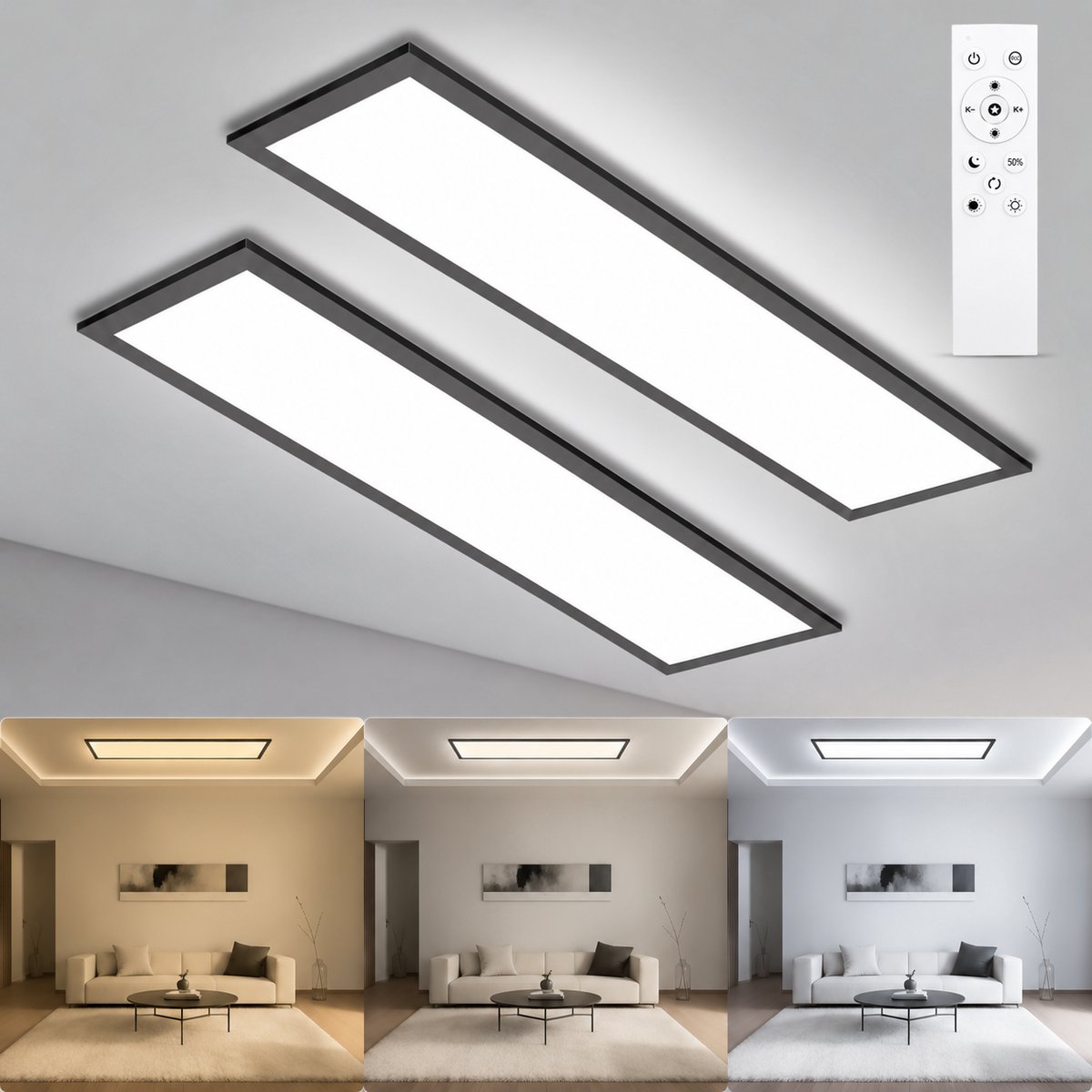 LOVHAUS 2 Stuks LED Plafondpanelen 100x25 cm – 30W 3300 lm – Dimbaar met Afstandsbediening – 3000K-6500K – Zwart