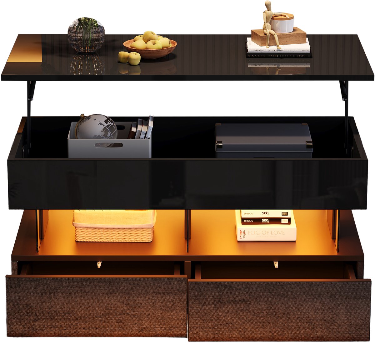 MUVANO Salontafel In Hoogte Verstelbaar - Zwarte Hoogglans Salontafel - Salontafel Met Led Verlichting-Met 2 Lades - 100x50x46 cm- Lift Top - Woonkamer Zwart