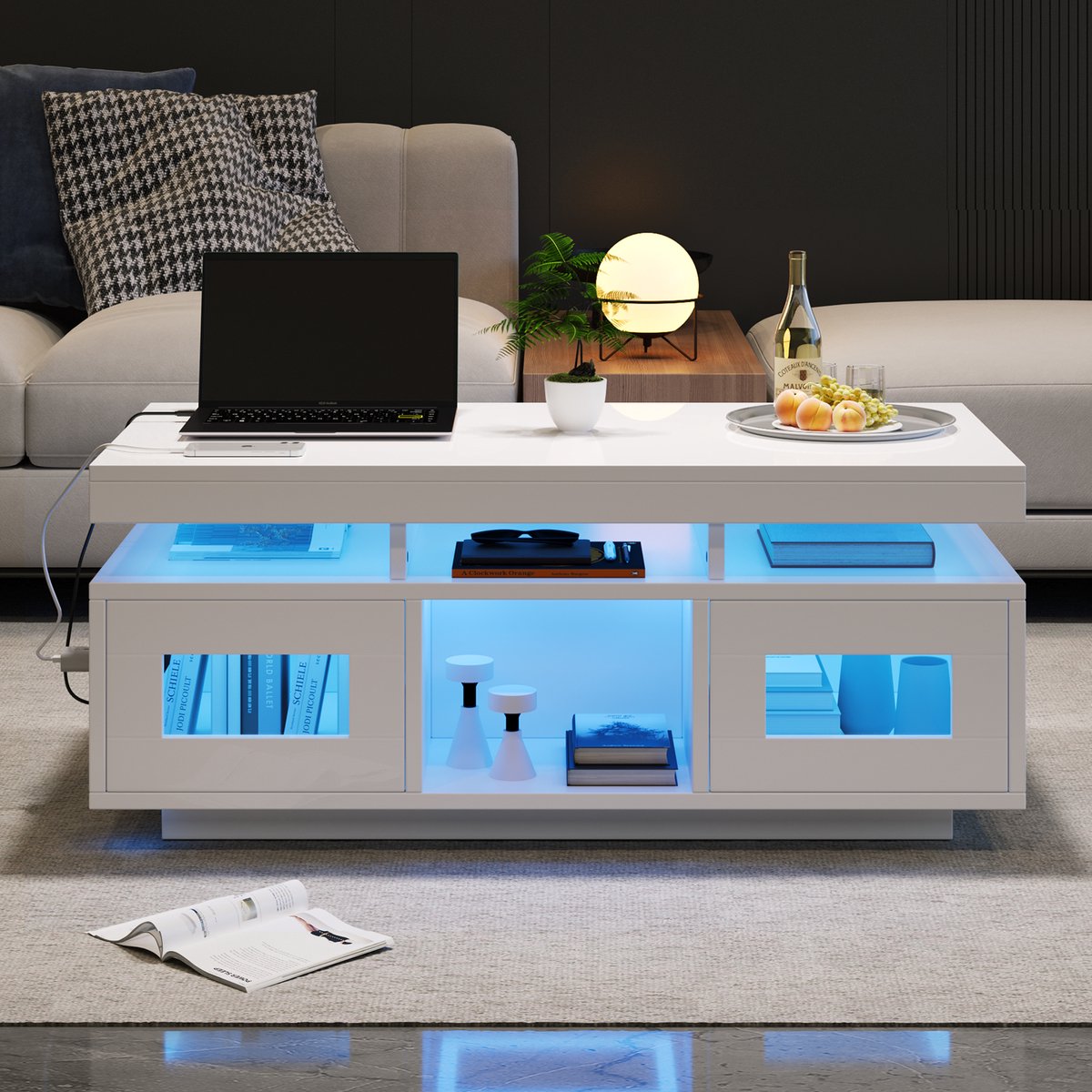 MUVANO Witte Hoogglans Salontafel - Salontafel Met Led Verlichting - Salontafel Met Opbergruimte - 100x50x43 cm - Met Stopcontact En USB - Woonkamer Wit