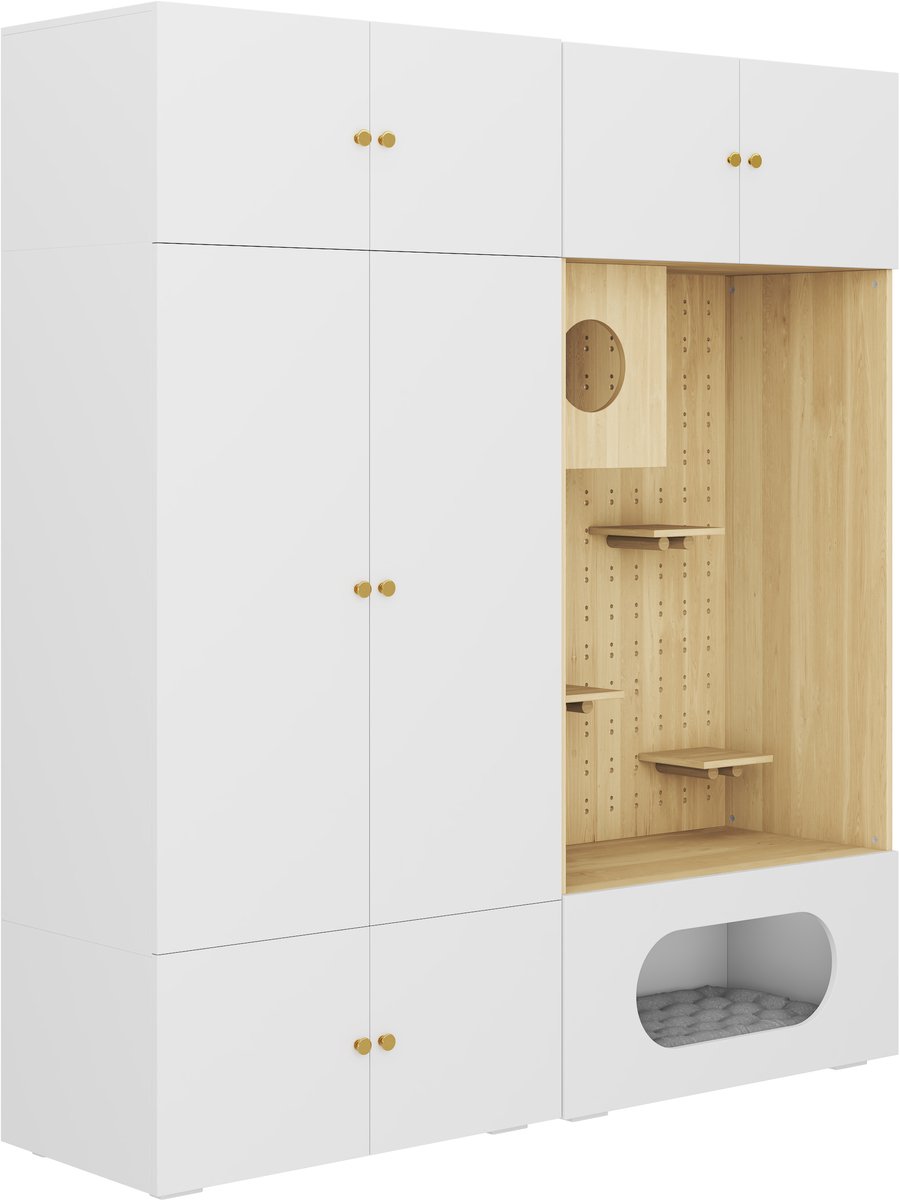 LONG DRAGON Huisdier‑Woon Serie - Kledingkast & Halmeubel - 180x50x200cm - Met kattenklimwand - Wit‑houtlook afwerking