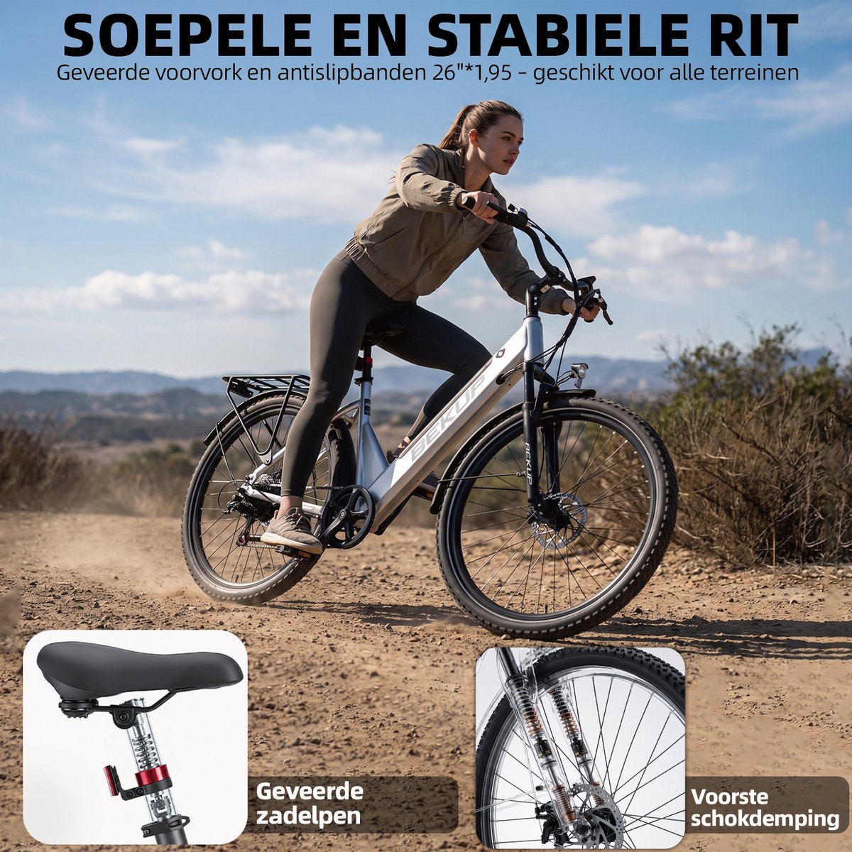 28 inch Elektrische stadsfiets - Comfortabele stadsfiets - 522Wh lange actieradius accu - 250W achterwielmotor - 45Nm koppel - Shimano 7 versnellingen - Schijfremmen voor en achter - LCD-display - Geveerde zadelpen - Zilver – foto 5