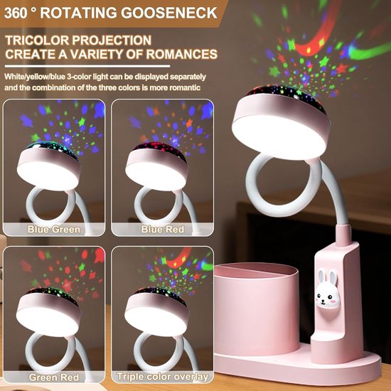Dimbare LED Tafel Lamp voor Kinderen met Penhouder en Sterrenprojectie, Oplaadbare Leeslamp met 360° Verstelbare Hals in Roze — afbeelding 3