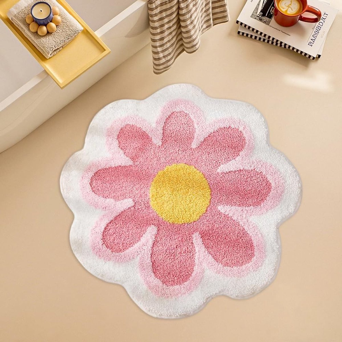 Zachte Daisies Badmat voor Woonkamer en Badkamer, Hoge Absorptie, Antislip, 40 x 40 cm (Roze)