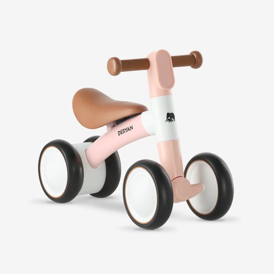 QPlay CUTEY loopfiets in roze met bruine zadel en handvatten. Met olifant-logo en 'Deryan' op het frame.