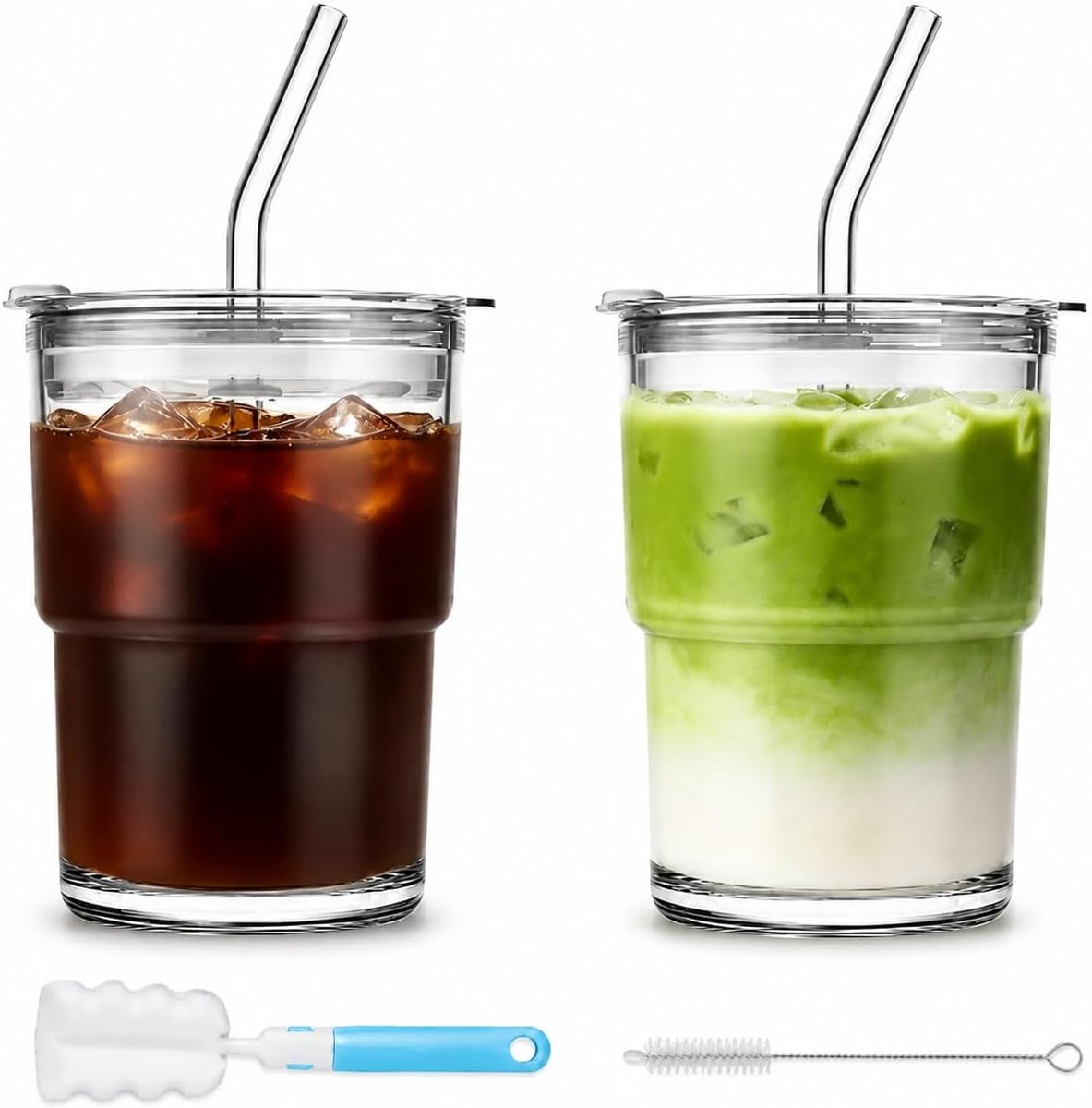 Beker met deksel en rietje, voor ijskoffie en matcha (2, 380ml)