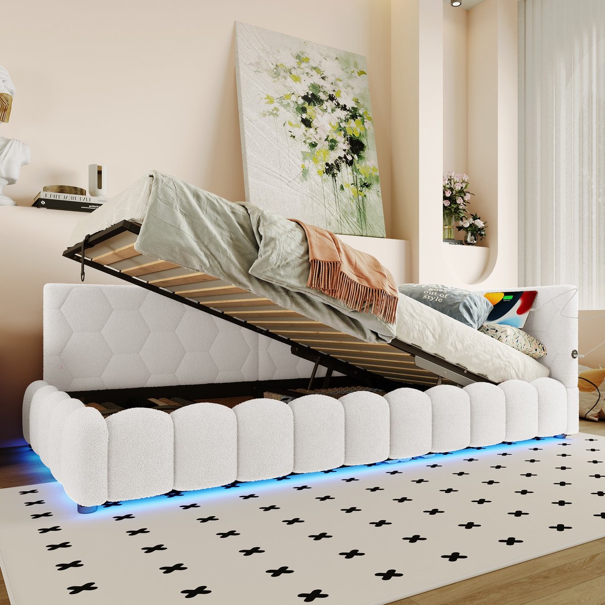 Sweiko Bed - Slaapbank - 90 x 200 cm - LED-verlichting - Opbergruimte - USB/Type-C - Imitatievilt - Wit