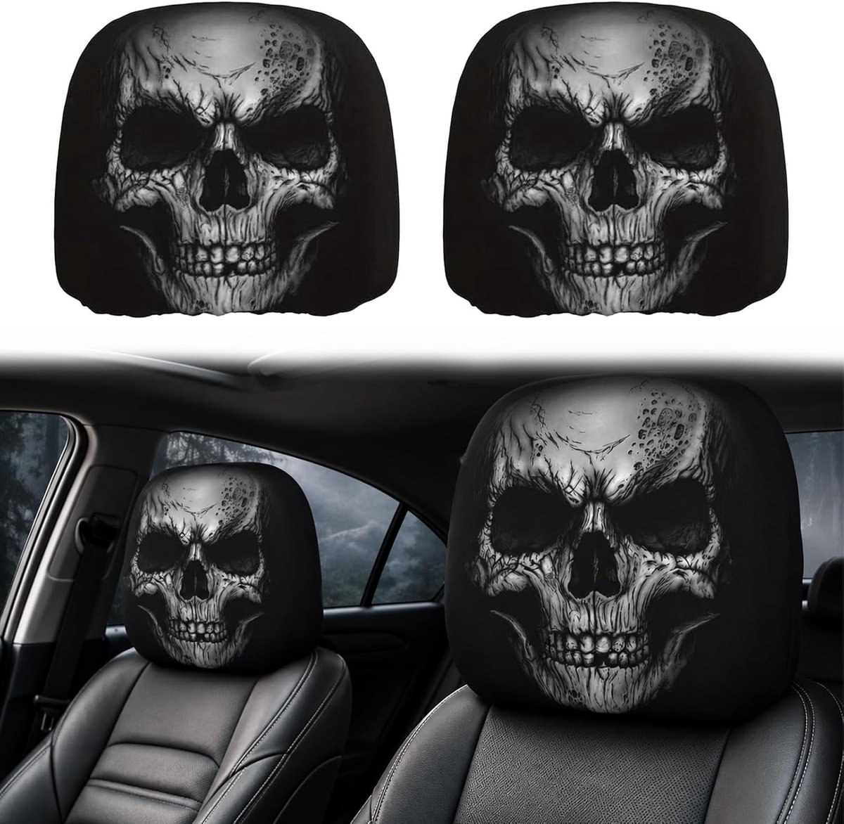 2 stuks grappige autohoofdsteunhoezen, stofdicht, ademend, universeel, schedel, voor alle auto's, SUV's, trucks, Jeep (A)
