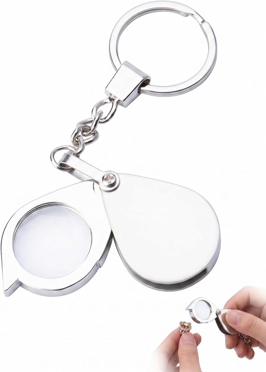 1 x metalen vergrootglas 20-voudig, compacte zakloep aan sleutelhanger, kristalheldere lens als praktische leesloep, ideaal voor kaarten, documenten en reizen