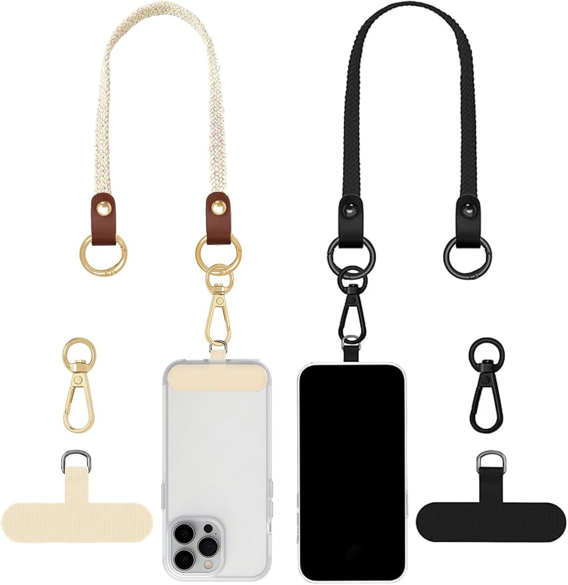 Rekbaar, 2-pack, Diefstalbeveiliging, bescherming tegen vallen tijdens wandelen, fietsen en klimmen, universeel passend voor de meeste telefoons, zwart+beige