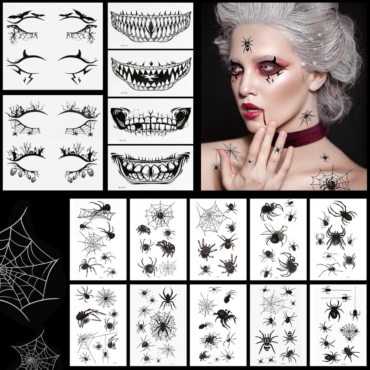 Tijdelijke tatoeages gezicht, 4 paar Halloween oogstickers, 4 vellen Halloween mondtatoeages, 10 vellen Halloween spintatoeages voor gemaskerd bal