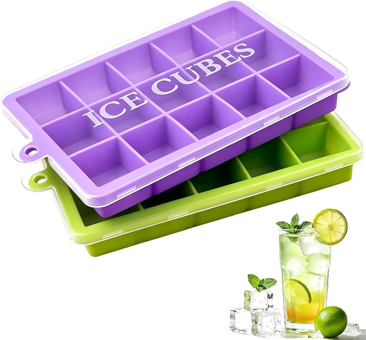 Ijsblokjeshouder met deksel, set van 2, gemakkelijk uitneembare flexibele ijsvormen, herbruikbare vriesbakjes, stapelbare ijsmachine voor whisky, cocktails (paars + groen)