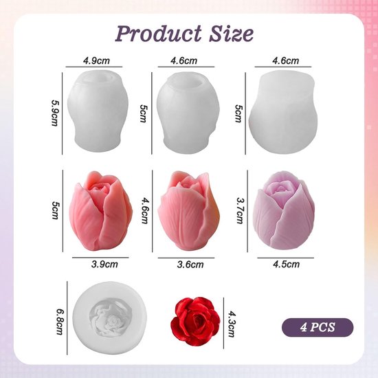 4-delige set siliconen bloemenkaarsvormen, 3D-tulpen- en rozenkaarsvormen, gietvormen, set voor lente- en zomerdecoratie voor zeep, chocolade, kaarsen, DIY-decoratie, woondecoratie — afbeelding 2
