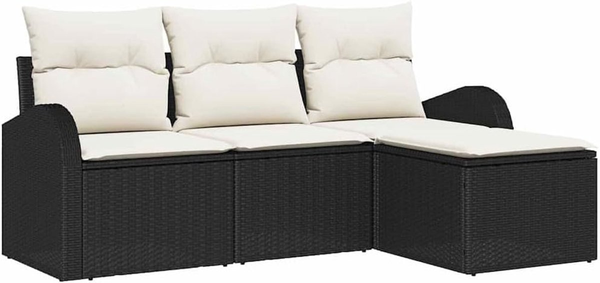 Set zwart polyrotan, 4-delig: 1 tweezitsmodule (55x62x69 cm), 2 armbanken, 1 voetenbank, met afneembare wasbare zitkussenhoezen, moderne tuinbankset