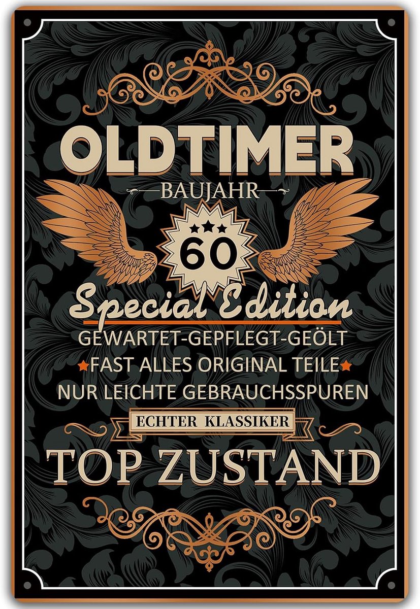 Bord 60e verjaardag oldtimer bouwjaar 60 topstaat, geschenken voor de 60e verjaardag man, grappig bord 60e verjaardag decoratie als grappige verjaardagskaart, vintage metalen bord 20x30cm