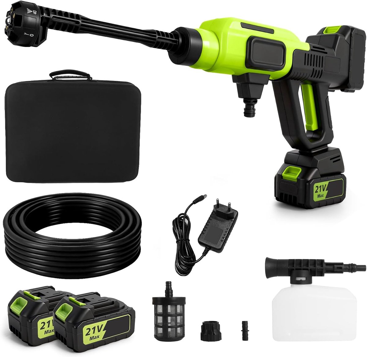 Mobiele drukreiniger met 2 x 2,0 Ah batterijen, Pressure Washer Max 120 bar, 6-in-1 en 180° draaibaar mondstuk, schuimsproeier, 5 m slang, reiniging en irrigatie