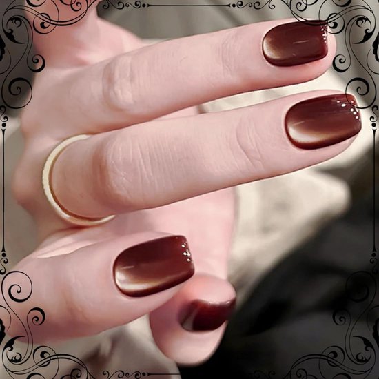 24 Stuks Press On Nagels Kort, Hoeksgewijs Kunstmatige Vingernagels om Op te Plakken, Acryl Press On Nails French, Volledige Dekking Kunstnagels voor Vrouwen en Meisjes (Maillard) — afbeelding 5