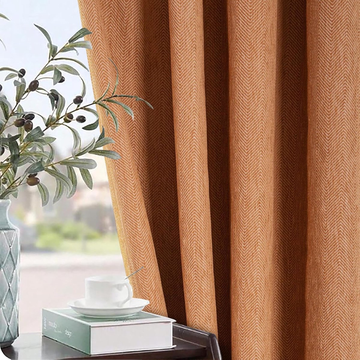 Always4u Gordijnen, ondoorzichtig, 100% met ringen, visgraat, thermogordijn, koudebescherming, chevron, verduisteringsgordijnen met aangenaam linnen handvat, voor slaapkamer en woonkamer, oranje, set