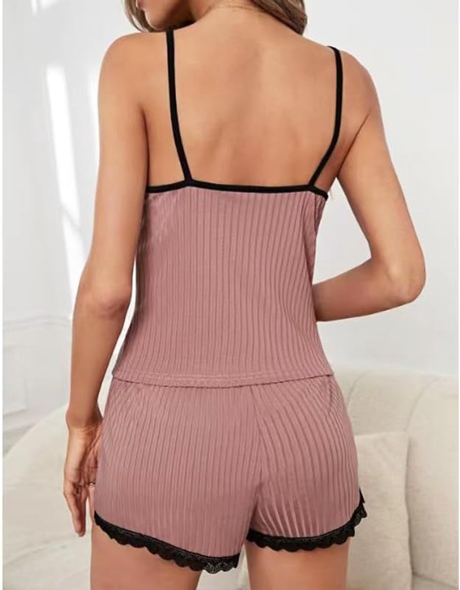 2-delige pyjamaset voor dames, zomer, V-hals, cami-top en korte broek, zachte pyjamasets, ronde lingerie met trekkoord, mouwloos, casual crop top, elastische shorts, cami-top