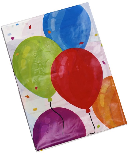 Een tafelkleed met een feestelijk ontwerp van kleurrijke ballonnen in rood, groen, blauw, paars en oranje, met confetti op de achtergrond.