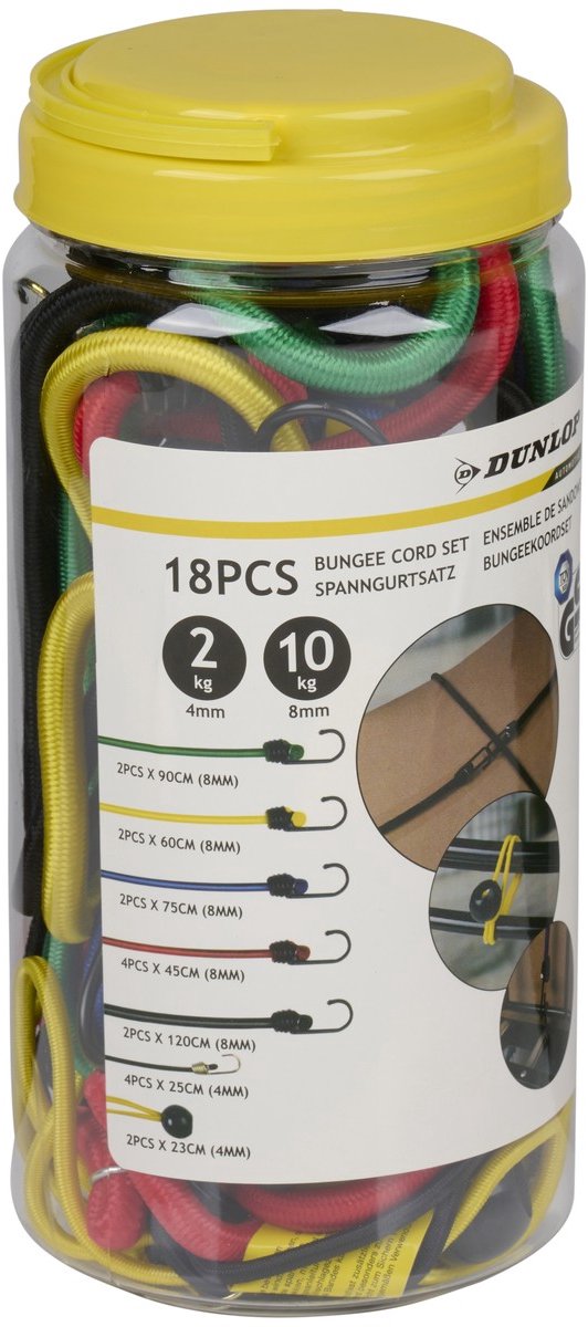 Dunlop bungee cord set 18-delig - spanbanden van polyamide - belastbaar tot 1,236 kg - tüv/gs gecertificeerd - diverse lengtes - blauw en geel - 2 jaar garantie