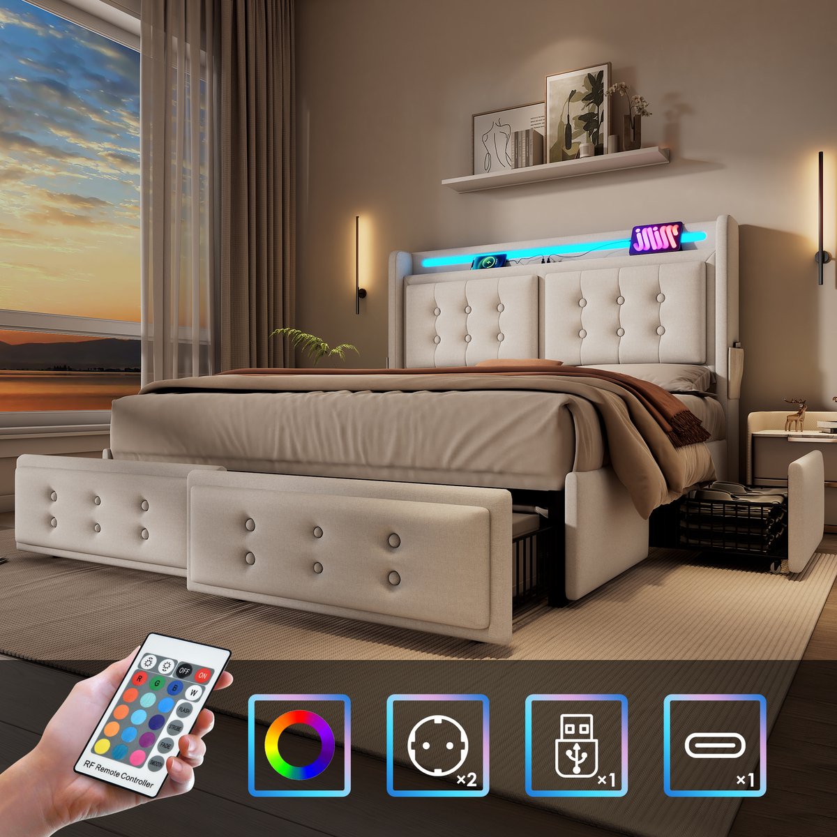 WUVRIE Tweepersoonsbed 180x200 cm met LED, USB-C, 4 lades en lattenbodem, beige