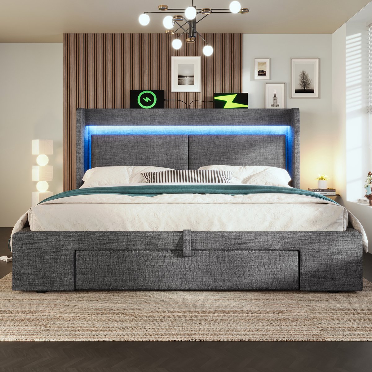 WUVRIE Gestoffeerd bedframe 140x200 cm met hydraulische opbergruimte, LED, USB en USB-C, grijs