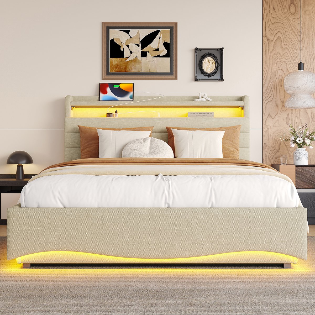 WUVRIE Gestoffeerd opbergbed 140x200 cm met LED, USB/Type-C en hydraulische opslag, beige