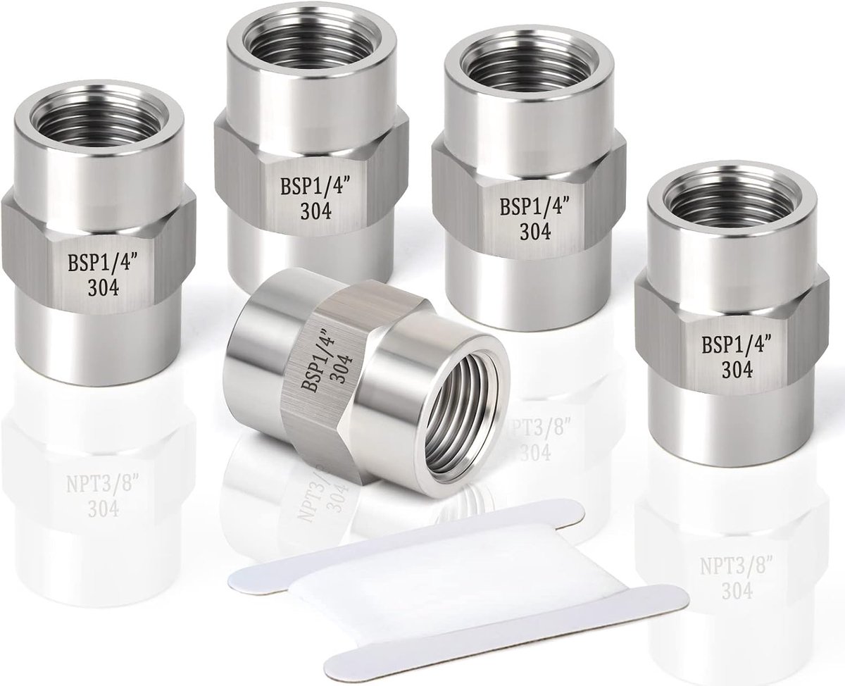 5Pcs 1/4" BSP Female Thread to Female Thread Hexagonal Coupler, 304 Stainless Steel Pipe Fitting Adapter for - ShopVlot