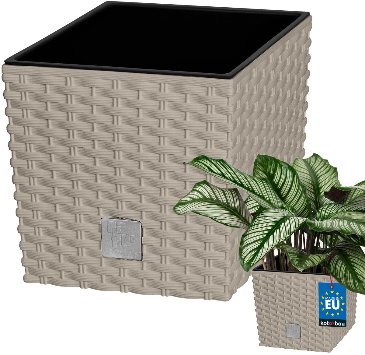 KOTARBAU® Vierkante Bloempot met Inzetpot - Vierkante Plantenbak 22x22 cm Plantenpot 9,8 L - Plantenbak - Kunststof - Rotanlook - Mokka