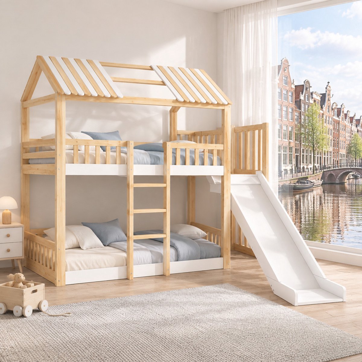 WUVRIE Kinderstapelbed 90x200 cm met huisdak, glijbaan, opbergrek en 2 slaapplaatsen, wit/naturel