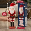 Houten kerstman notenkraker, 30 cm hoog, met rode outfit en aftelblok. Wordt geleverd in een verpakking die de afmetingen weergeeft.