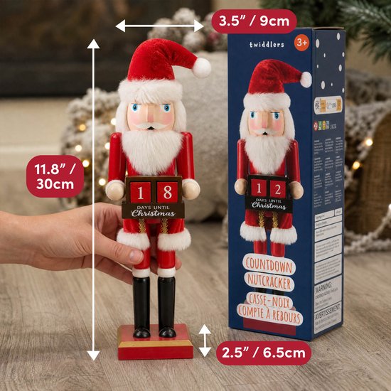 Houten kerstman notenkraker, 30 cm hoog, met rode outfit en aftelblok. Wordt geleverd in een verpakking die de afmetingen weergeeft.