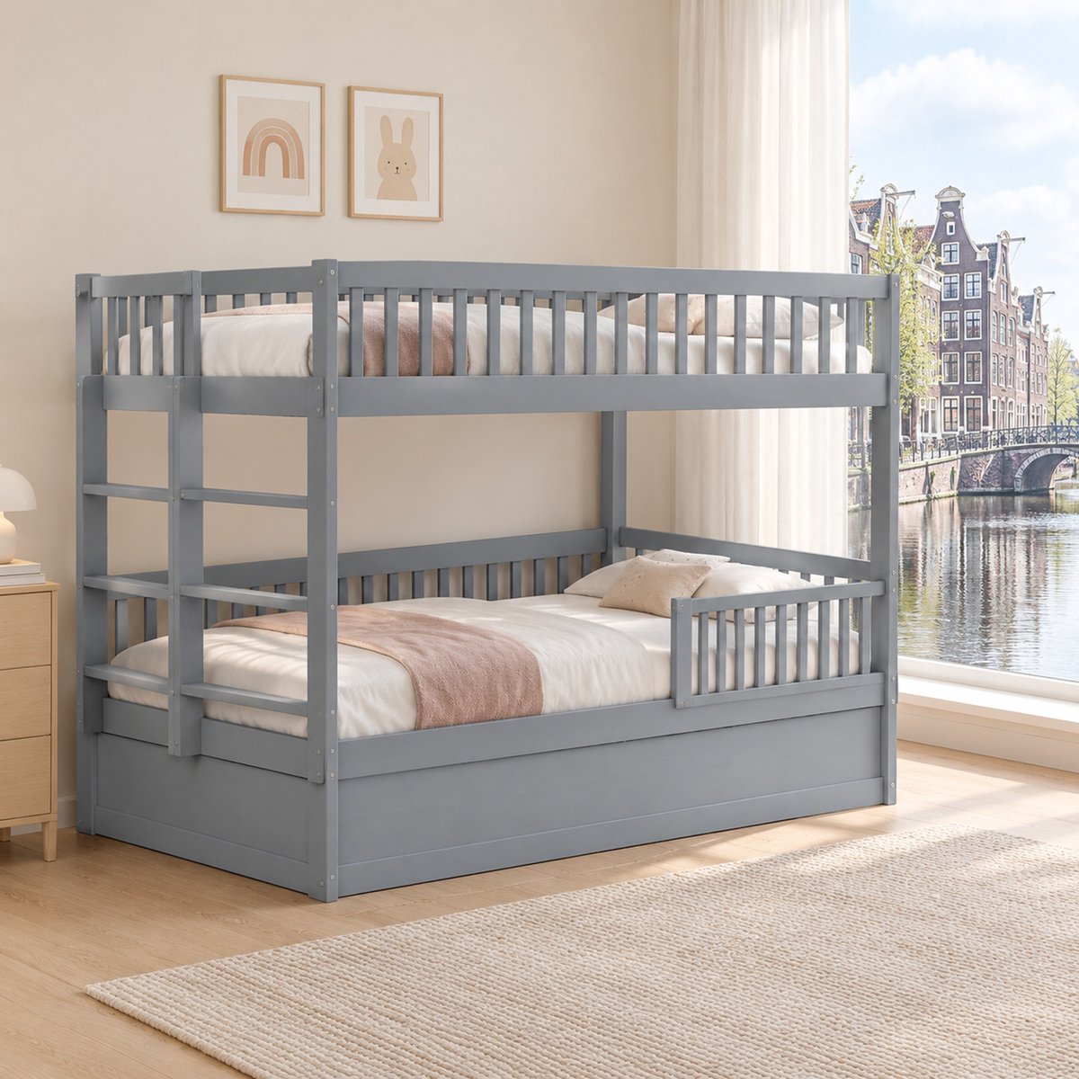 WUVRIE Kinderstapelbed 90x200 cm met hydraulische opbergruimte, ladder en veiligheidshekken, grijs