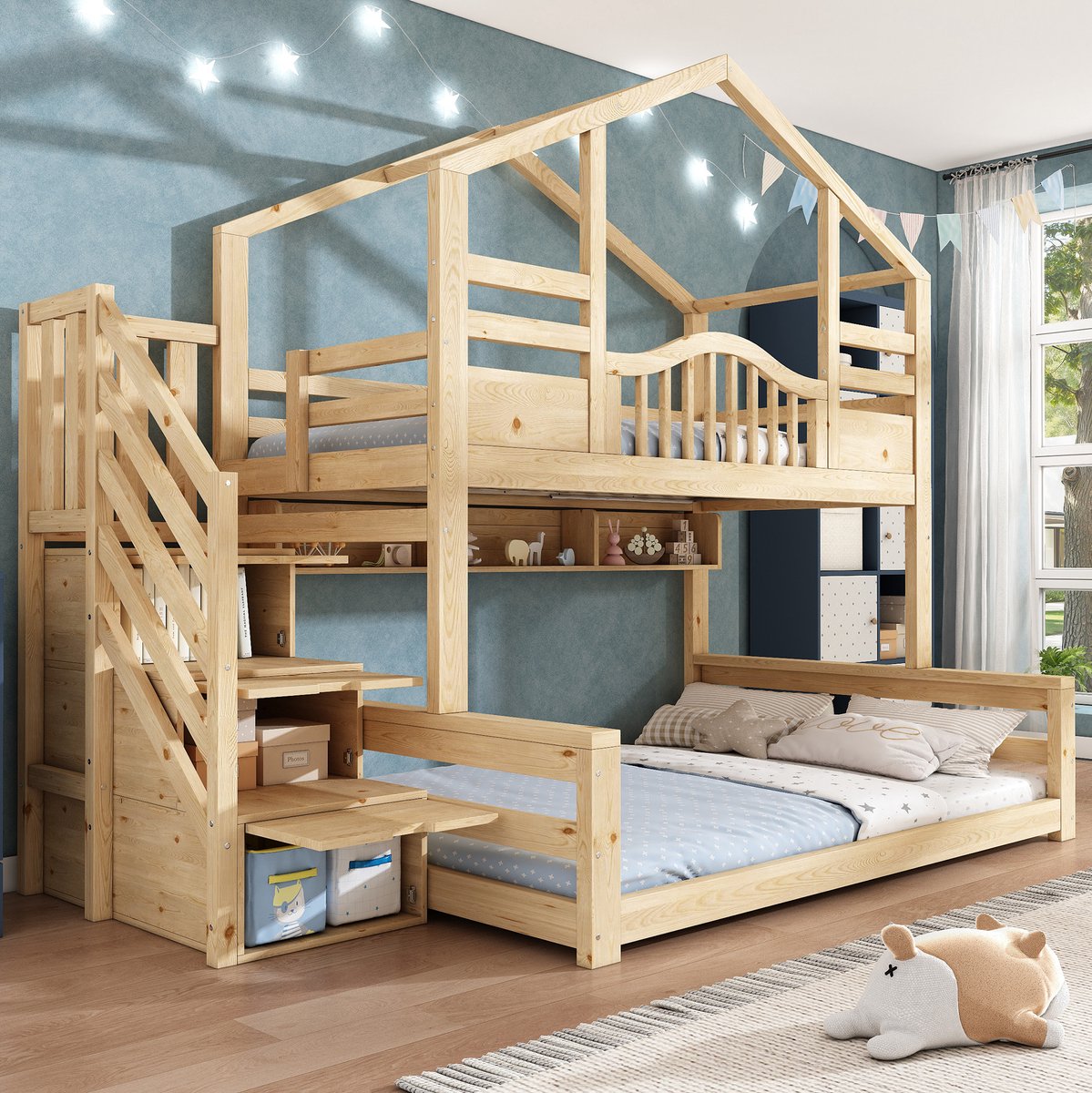 WUVRIE Stapelbed/huisbed 90x200 en 140x200 cm met trapkast en veiligheidshekken, beige/licht naturel Natuurkleur