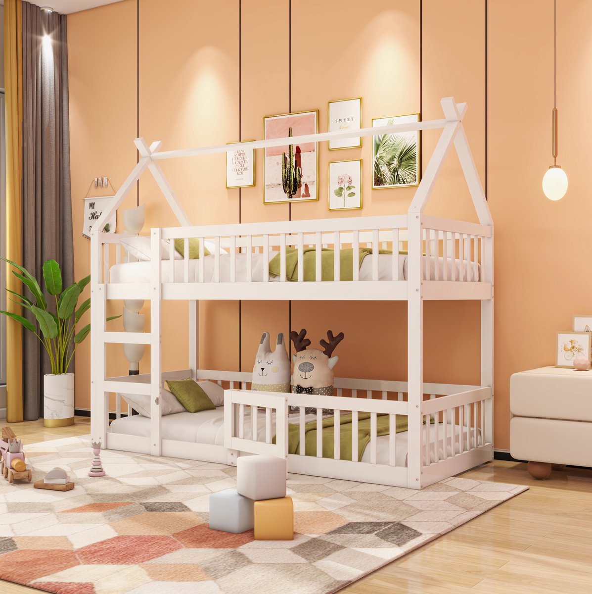 WUVRIE Kinderstapelbed 90x200 cm met trap, veiligheidshekken en deur, wit