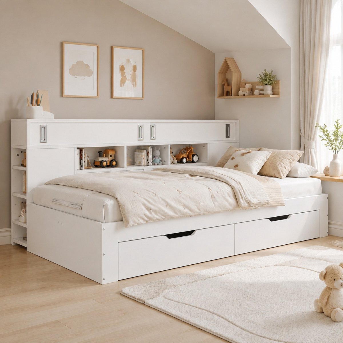 WUVRIE Dagbed 140x200 cm met lades, kasten, verstelbare legplanken en lattenbodem, wit