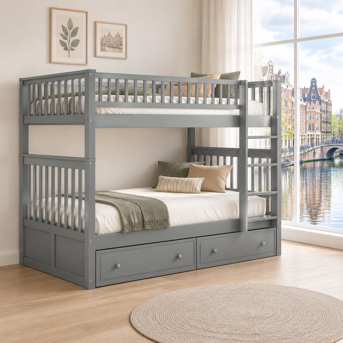 WUVRIE Stapelbed 90x200 cm met 2 lades, om te bouwen tot 2 bedden, grijs
