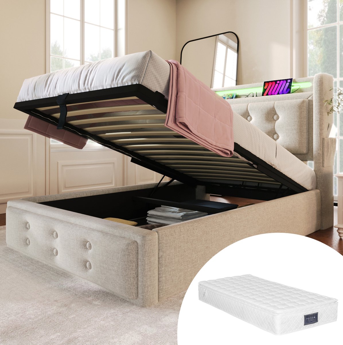 WUVRIE Eenpersoonsbed 90x200 cm met LED, USB-C, stopcontacten en opbergruimte, beige