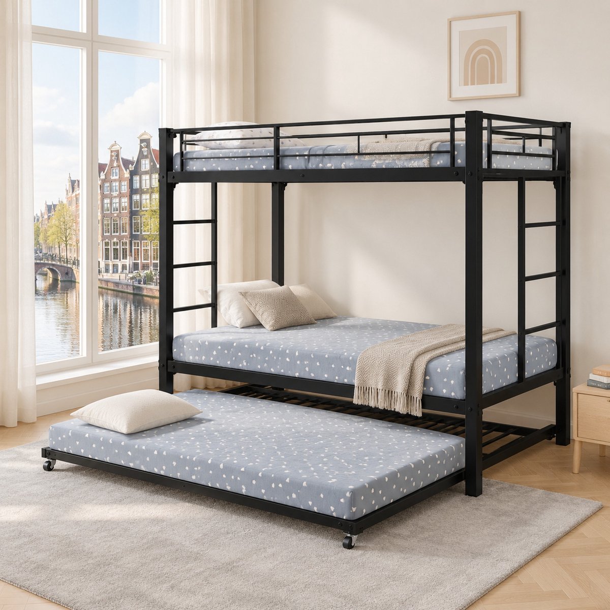 WUVRIE Stapelbed 90x200 cm met uitziehbed, hoge veiligheidshekken en ladder, zwart