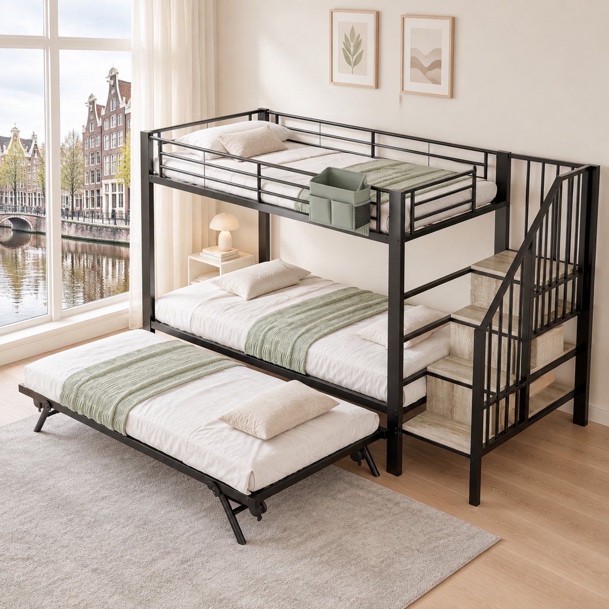 WUVRIE Stapelbed 90x200 cm met uitschuifbed, opbergtrap en stoffen opbergzakken, zwart