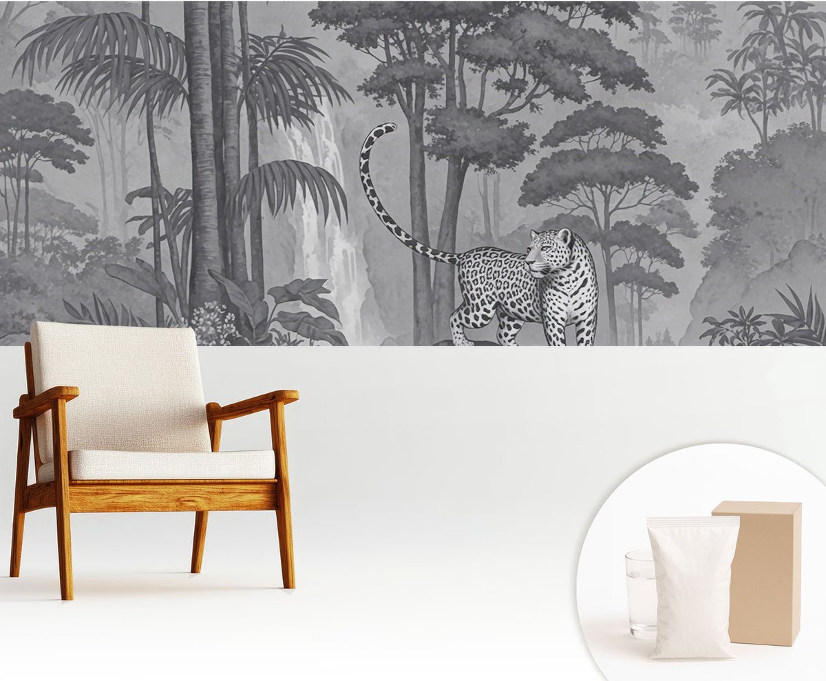 Wallfluent Fotobehang - Grijs Vliesbehang - 250x104 cm - Tropische Jungle Fotobehang Vlies - Hal behang Dieren - Muurschildering - Woonkamer behang