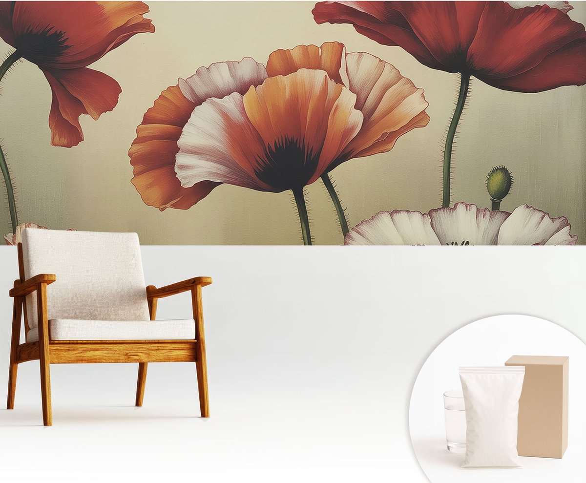 Wallfluent Fotobehang - Oranje Vliesbehang - 250x104 cm - Vrolijke Klaprozen Muurschildering - Slaapkamer behang Bloemen En Planten - Fotobehang Vlies - Slaapkamer behang
