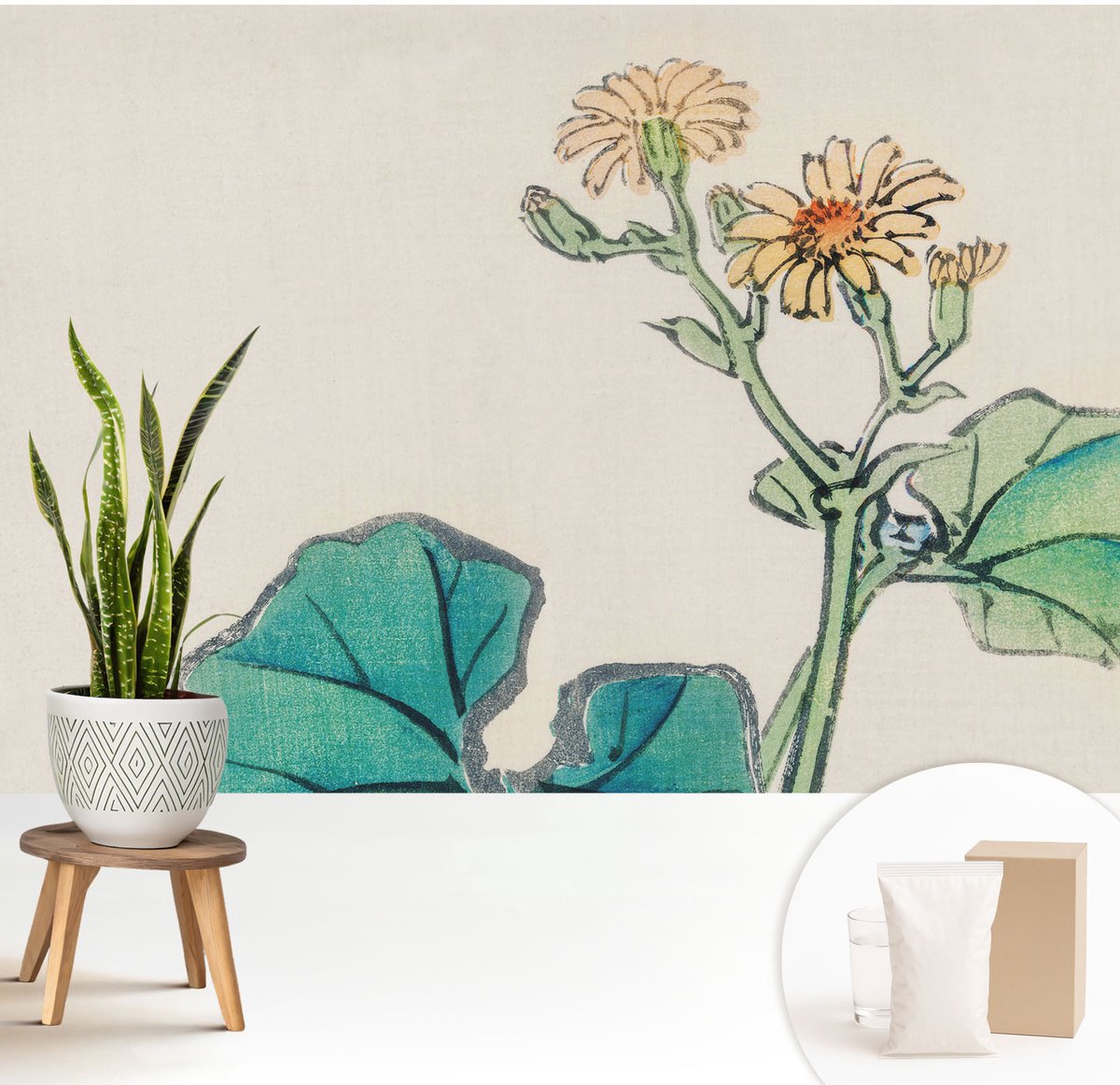 Wallfluent Fotobehang - Wit Vliesbehang - 208x146 cm - Bloem En Bladeren Fotobehang Vlies - Hal behang Bloemen En Planten - Muurschildering - Woonkamer behang