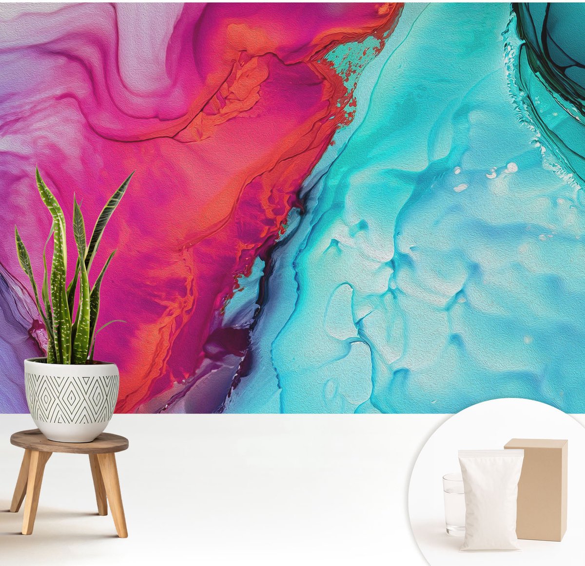 Wallfluent Fotobehang - Paars Vliesbehang - 208x146 cm - Kleurrijke Golf Muurschildering - Slaapkamer behang Abstractie - Fotobehang Vlies - Slaapkamer behang