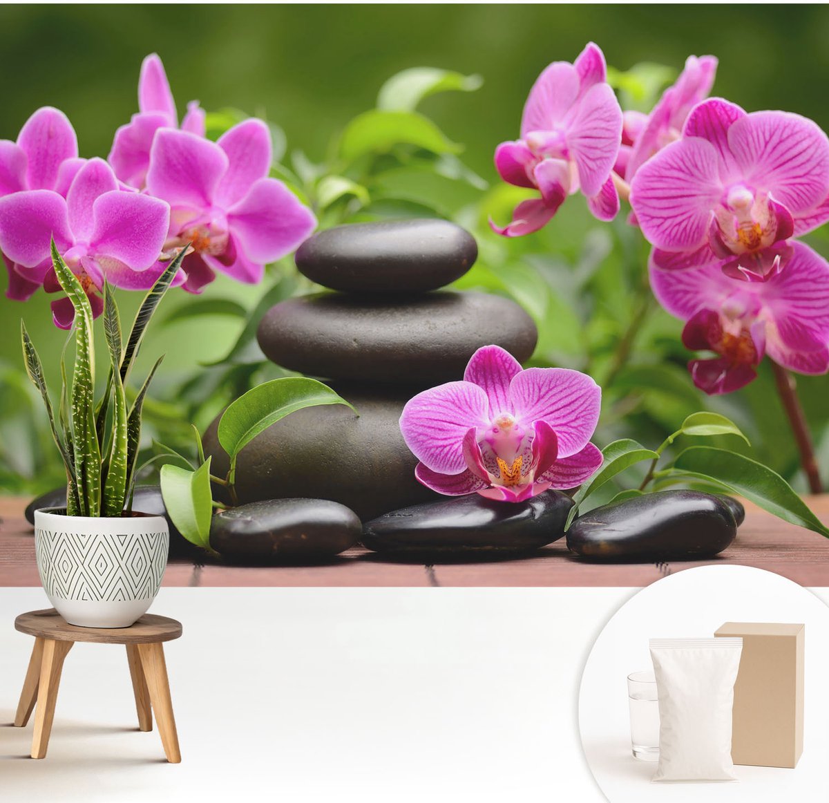 Wallfluent Fotobehang - Groente Vliesbehang - 208x146 cm - Orchideeënstenen Muurschildering - Slaapkamer behang Bloemen En Planten - Fotobehang Vlies - Gang behang