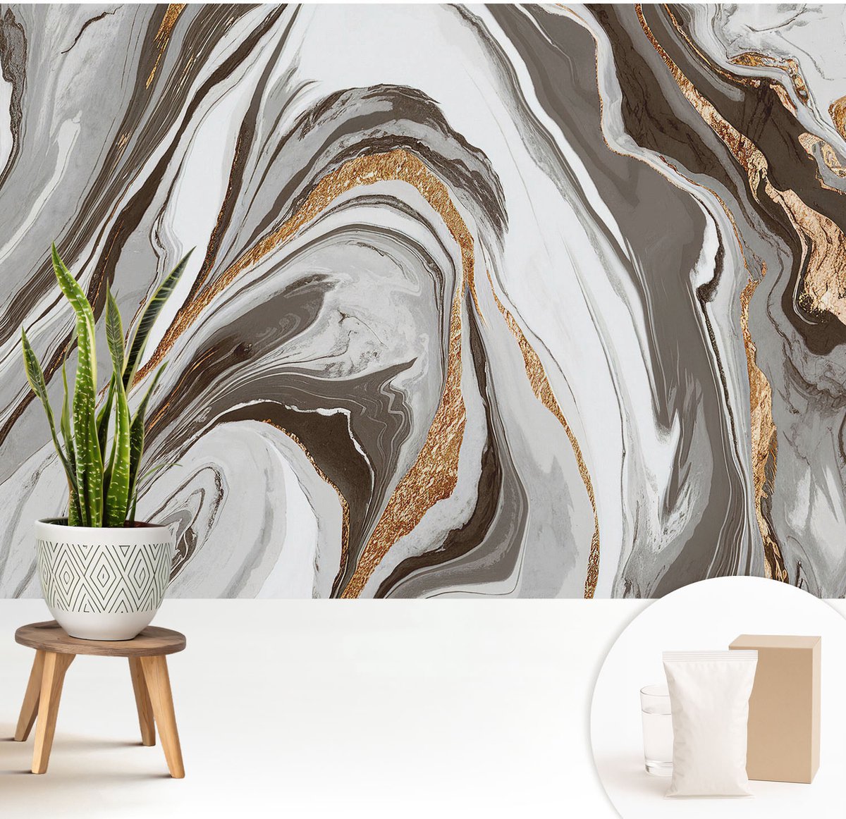 Wallfluent Fotobehang - Grijs Vliesbehang - 208x146 cm - Marmeren Wervelingen Fotobehang Vlies - Woonkamer behang Texturen - Muurschildering - Woonkamer behang