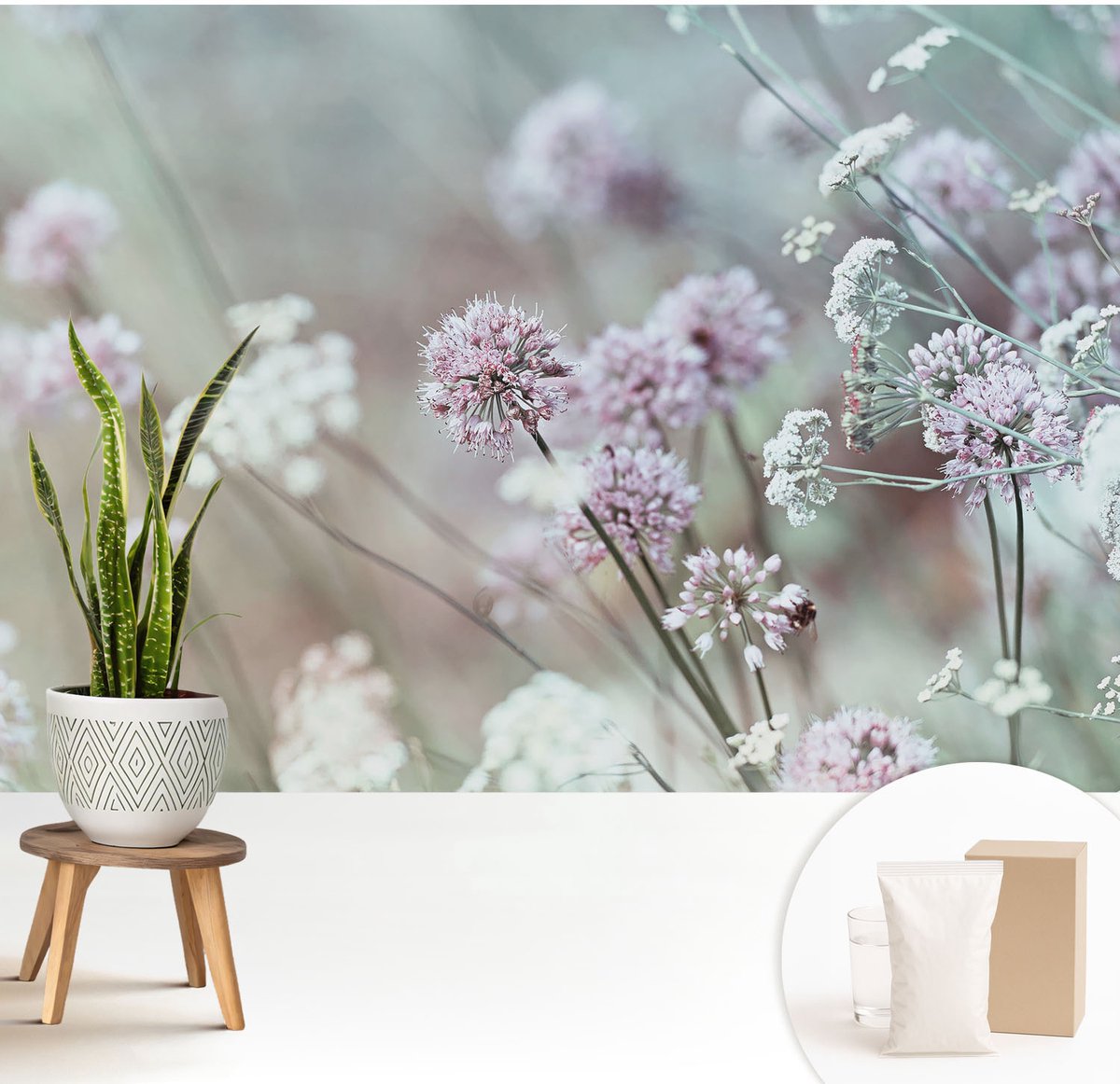 Wallfluent Fotobehang - Wit Vliesbehang - 208x146 cm - Wilde Bloemen Muurschildering - Gang behang Bloemen En Planten - Fotobehang Vlies - Slaapkamer behang