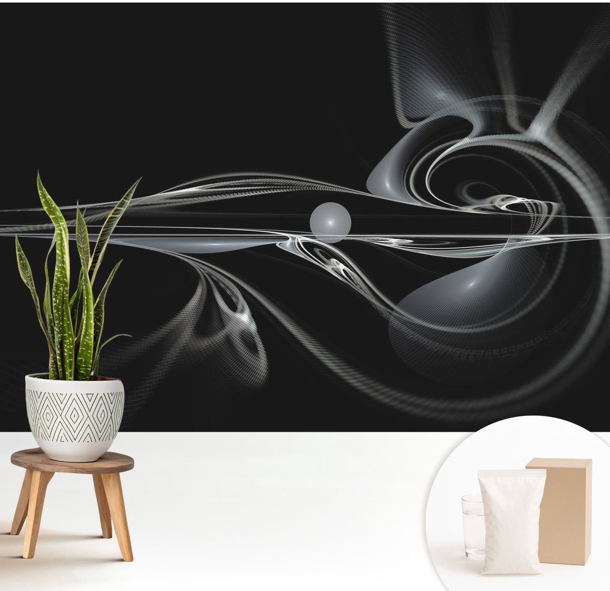 Wallfluent Fotobehang - Zwart Vliesbehang - 208x146 cm - Vloeistofleidingen Muurschildering - Slaapkamer behang Abstractie - Fotobehang Vlies - Gang behang