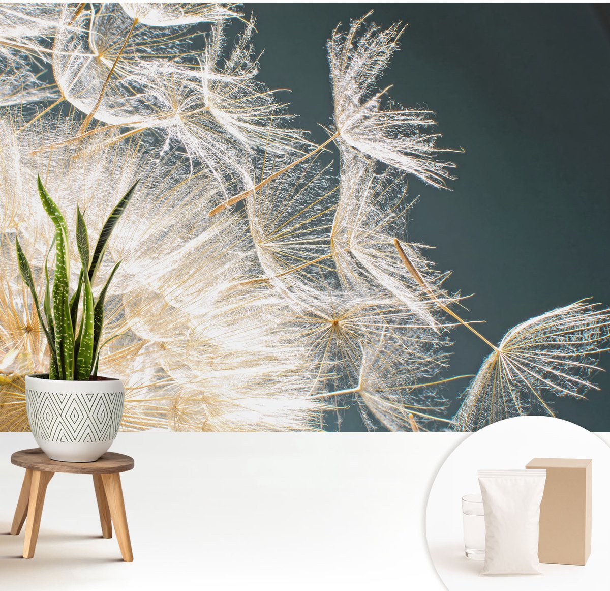 Wallfluent Fotobehang - Wit Vliesbehang - 208x146 cm - Paardenbloem Van Lichtheid Muurschildering - Slaapkamer behang Bloemen En Planten - Fotobehang Vlies - Slaapkamer behang